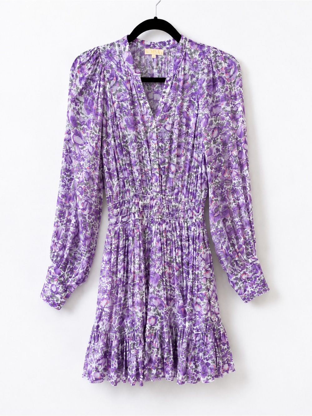 Purple Floral Long-Sleeve Smocked-Waist Mini Dress